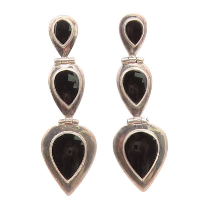 925 Sterling Silver Vintage Earrings Cabochon Black Onyx Teardrop Dangle EG14209