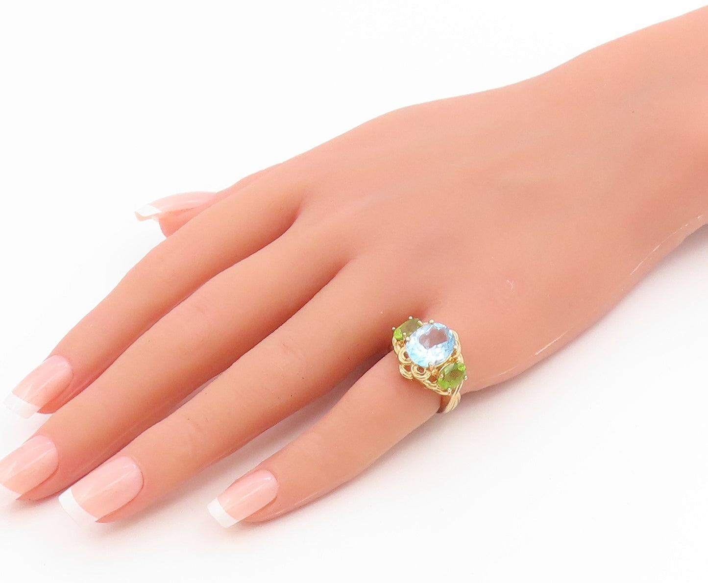 925 Sterling Silver Vintage Ring Gold Plated Blue Topaz & Peridot  Sz 5  RG35986