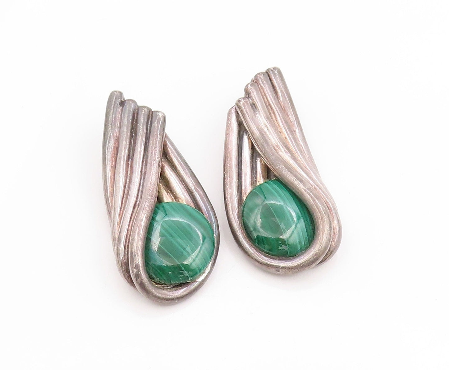925 Sterling Silver Vintage Earrings Malachite Bold Swirly Large Clip On EG14025