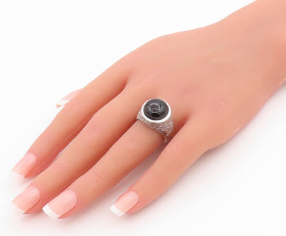 925 Sterling Silver Vintage Ring Grooved Cabochon Round Onyx  Sz 6.5  RG33178