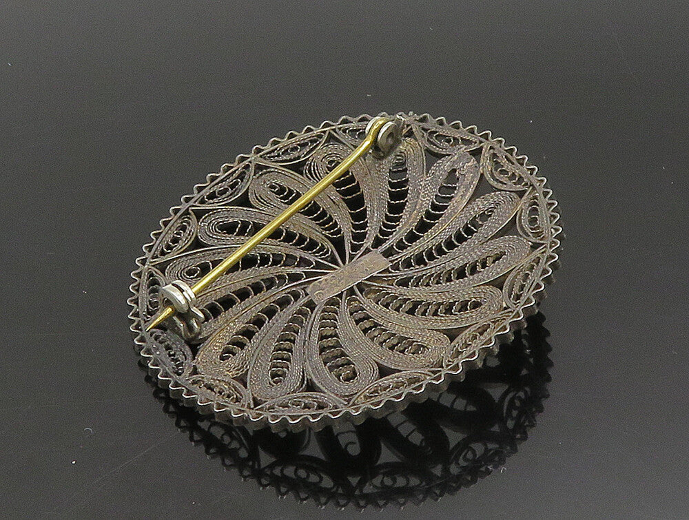 ISRAEL 925 Silver  Vintage Antique Floral Motif Wire Mesh Brooch Pin  BP9454