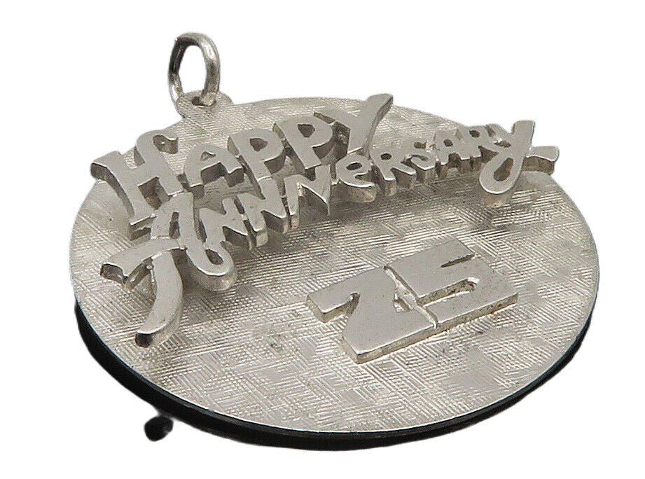 925 Sterling Silver  Shiny Etched Happy 25th Anniversary Drop Pendant  PT9632