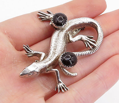 SOUTHWESTERN 925 Sterling Silver Vintage Black Onyx Lizard Brooch Pin BP2811
