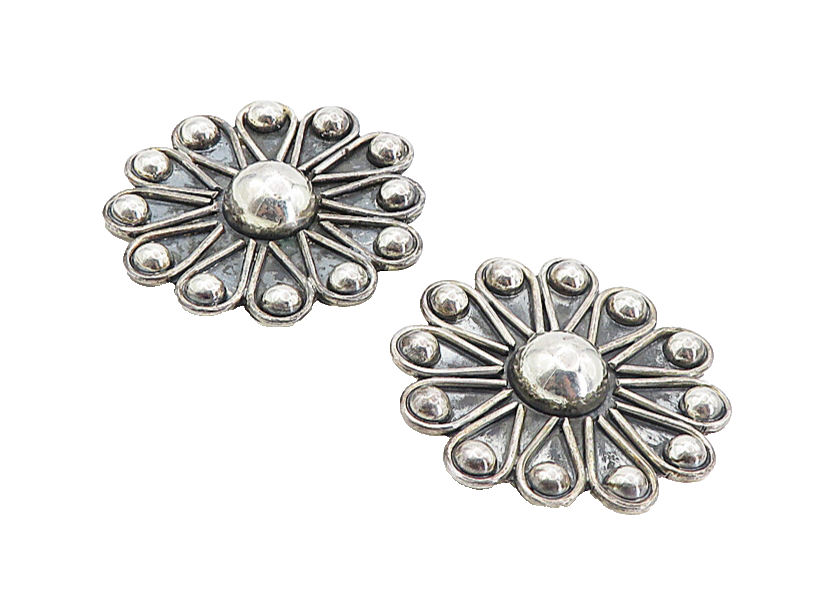 MEXICO 925 Sterling Silver  Vintage Oxidized Floral Non Pierce Earrings EG4171