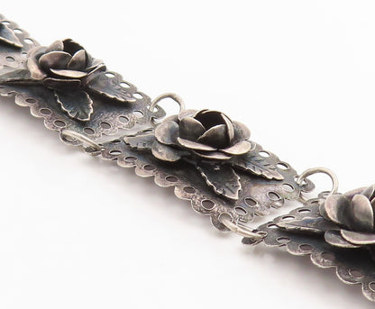 925 Sterling Silver Vintage Bracelet Dark Tone Floral Roses Link Chain  BT11429