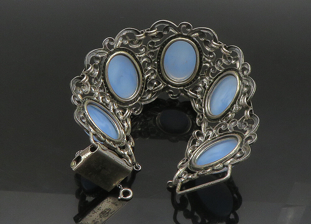 DANECRAFT 925 Sterling Silver  Vintage Blue Glass Swirl Chain Bracelet  BT9171