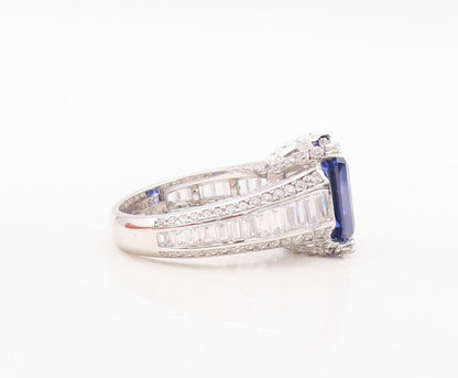 925 Sterling Silver Vintage Ring Designer Rectangle Sapphire CZ  Sz 7  RG30348