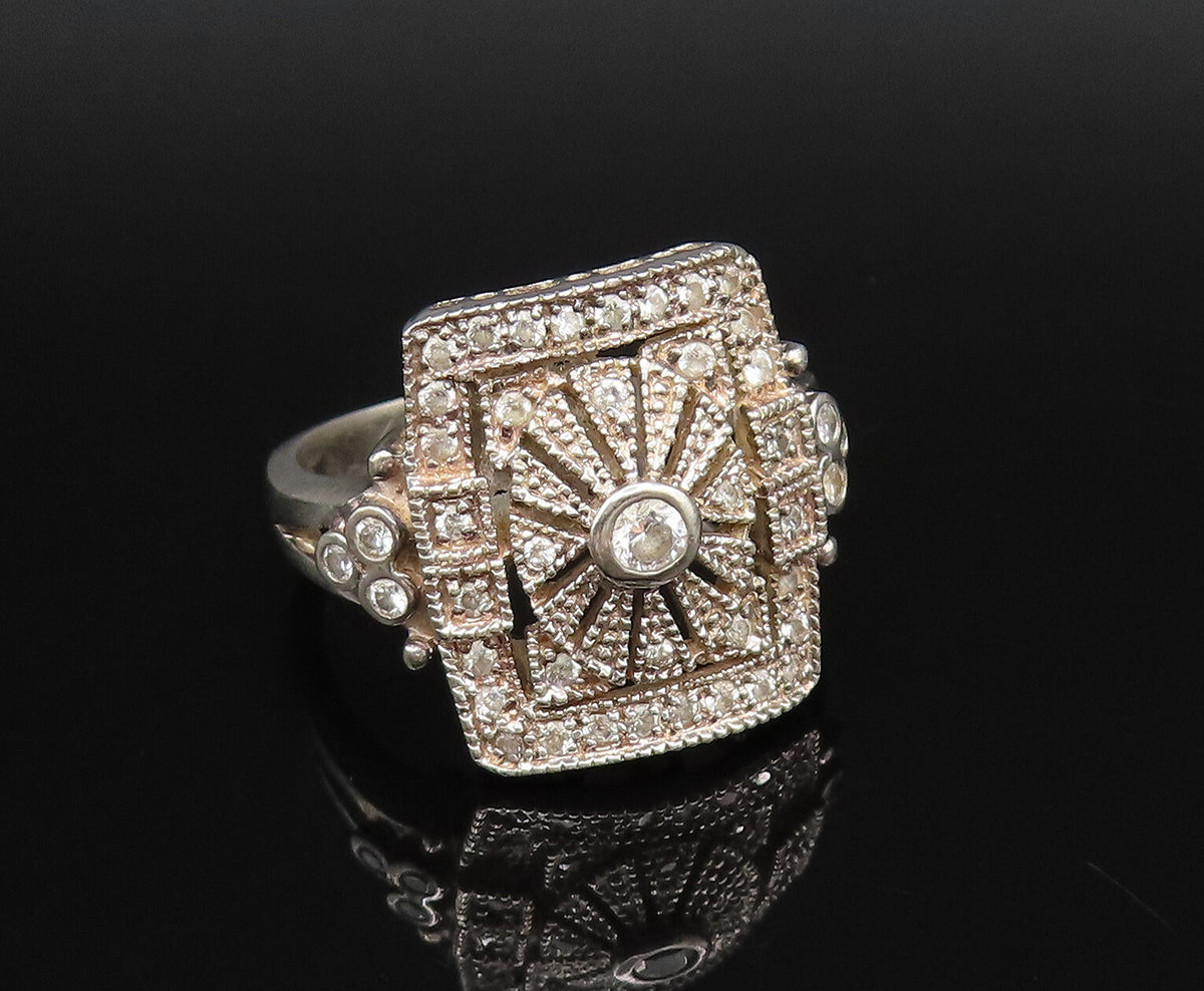 925 Silver  Vintage Openwork Square Frame Cubic Zirconia Ring Sz 9  RG25951