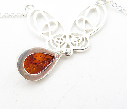 925 Sterling Silver  Cabochon Cut Amber Butterfly Thin Chain Necklace  NE1298