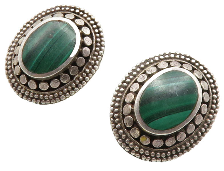 925 Sterling Silver  Vintage Malachite Circle Pattern Drop Earrings  EG6849