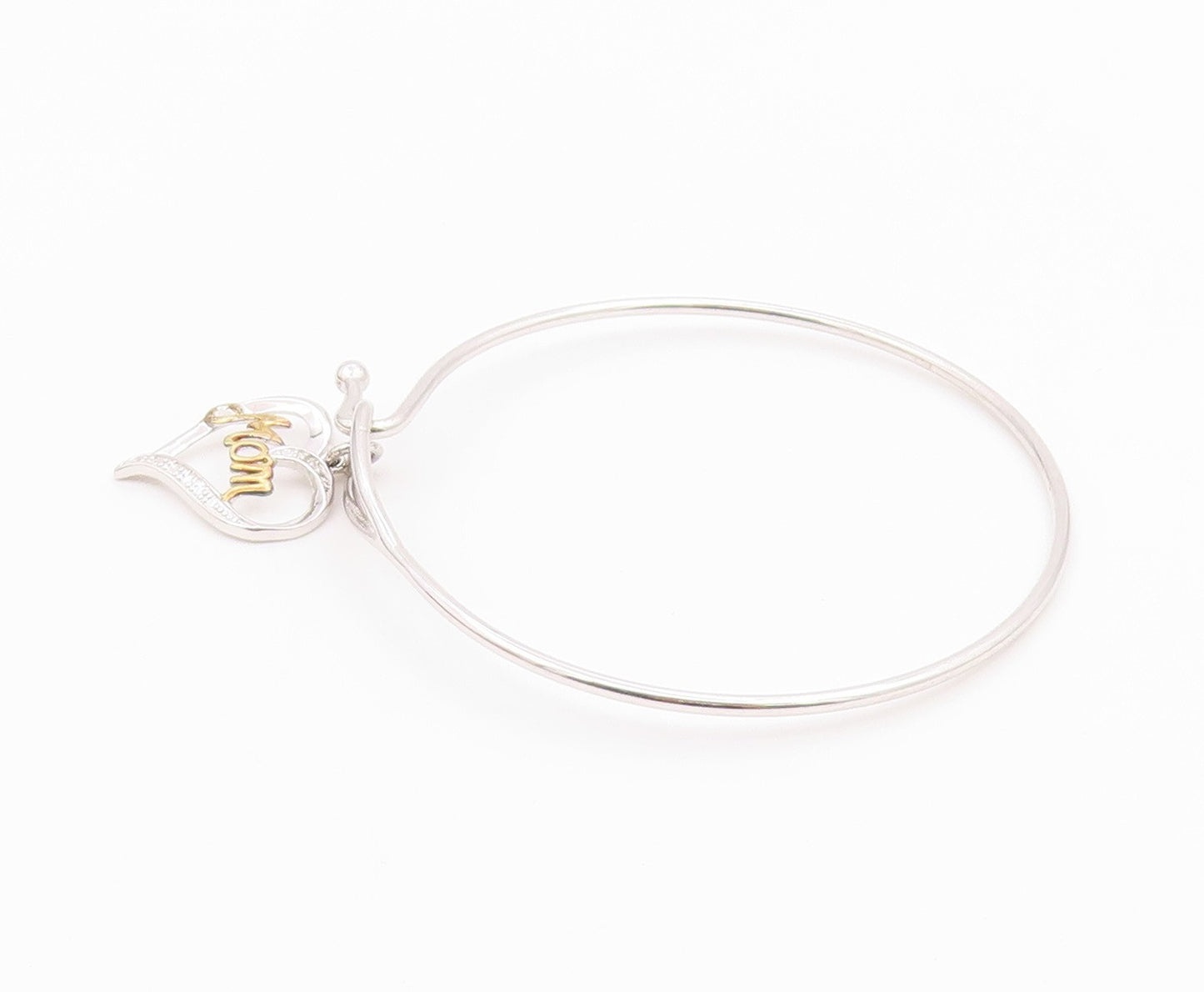 925 Sterling Silver  Genuine Diamond Mom Love Heart Bangle Bracelet  BT8264