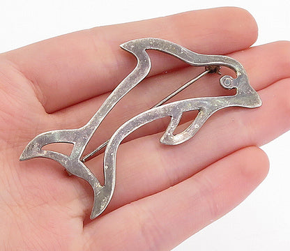 925 Sterling Silver  Vintage Dark Tone Dolphin Outline Brooch Pin  BP1719