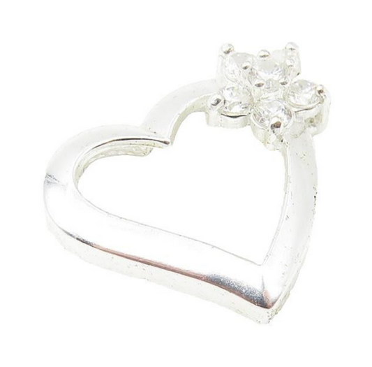 925 Sterling Silver  White Topaz Floral Cluster Love Heart Pendant  PT8713