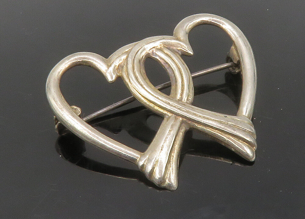 925 Sterling Silver  Vintage Open Double Love Heart Smooth Brooch Pin  BP5233