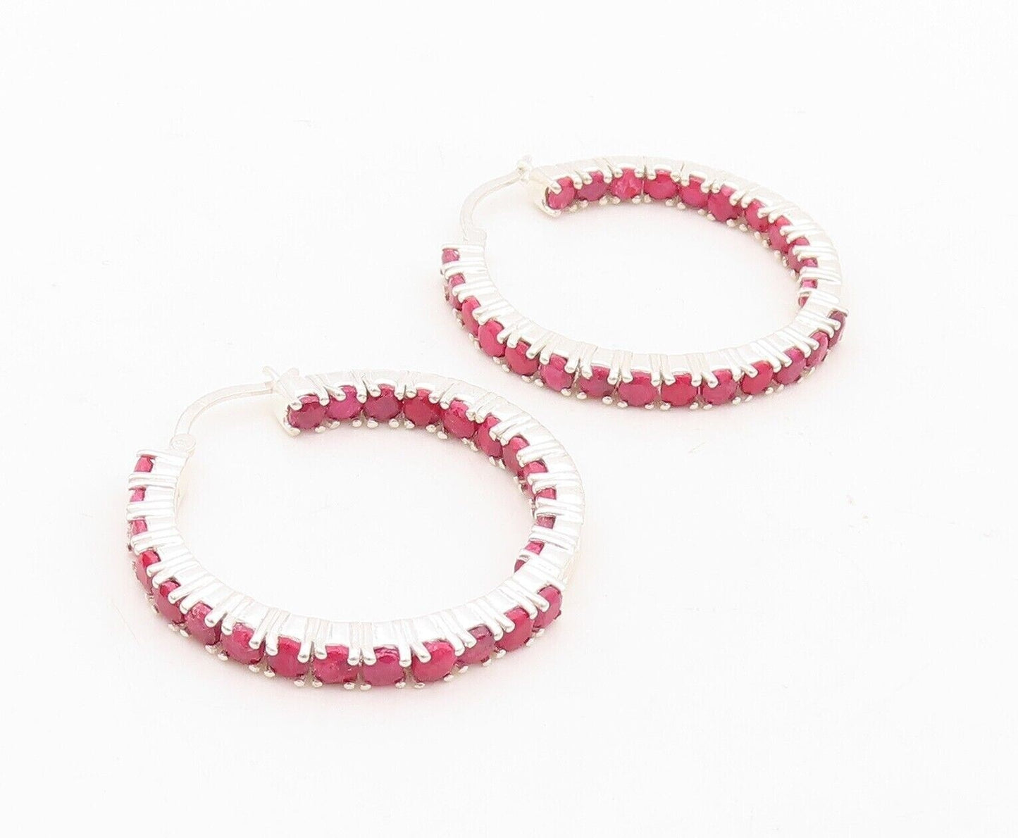 925 Sterling Silver Vintage Earrings Minimalist Ruby Inlay Hoops  EG13153