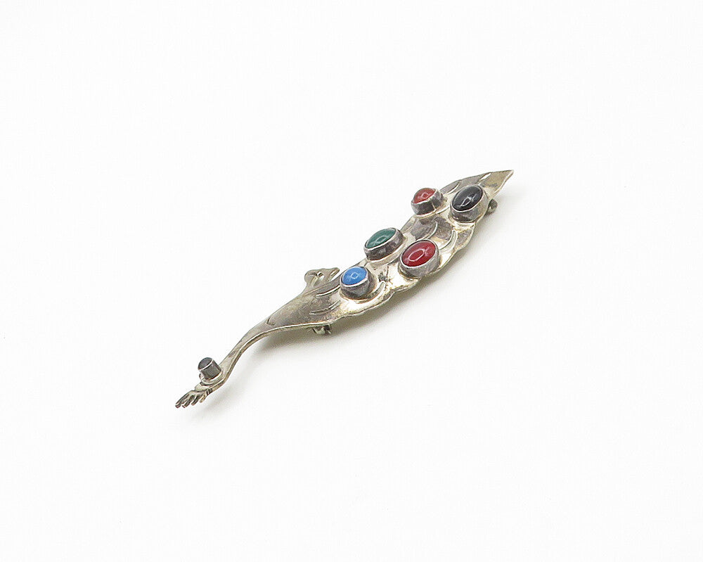MEXICO 925 Sterling Silver  Vintage Carnelian & Black Onyx Brooch Pin  BP6888