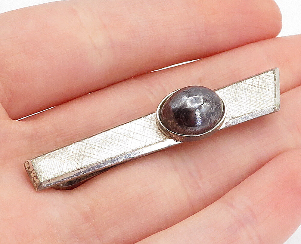 925 Sterling Silver  Vintage Cabochon Cut Hematite Etched Tie Clip  TR1142