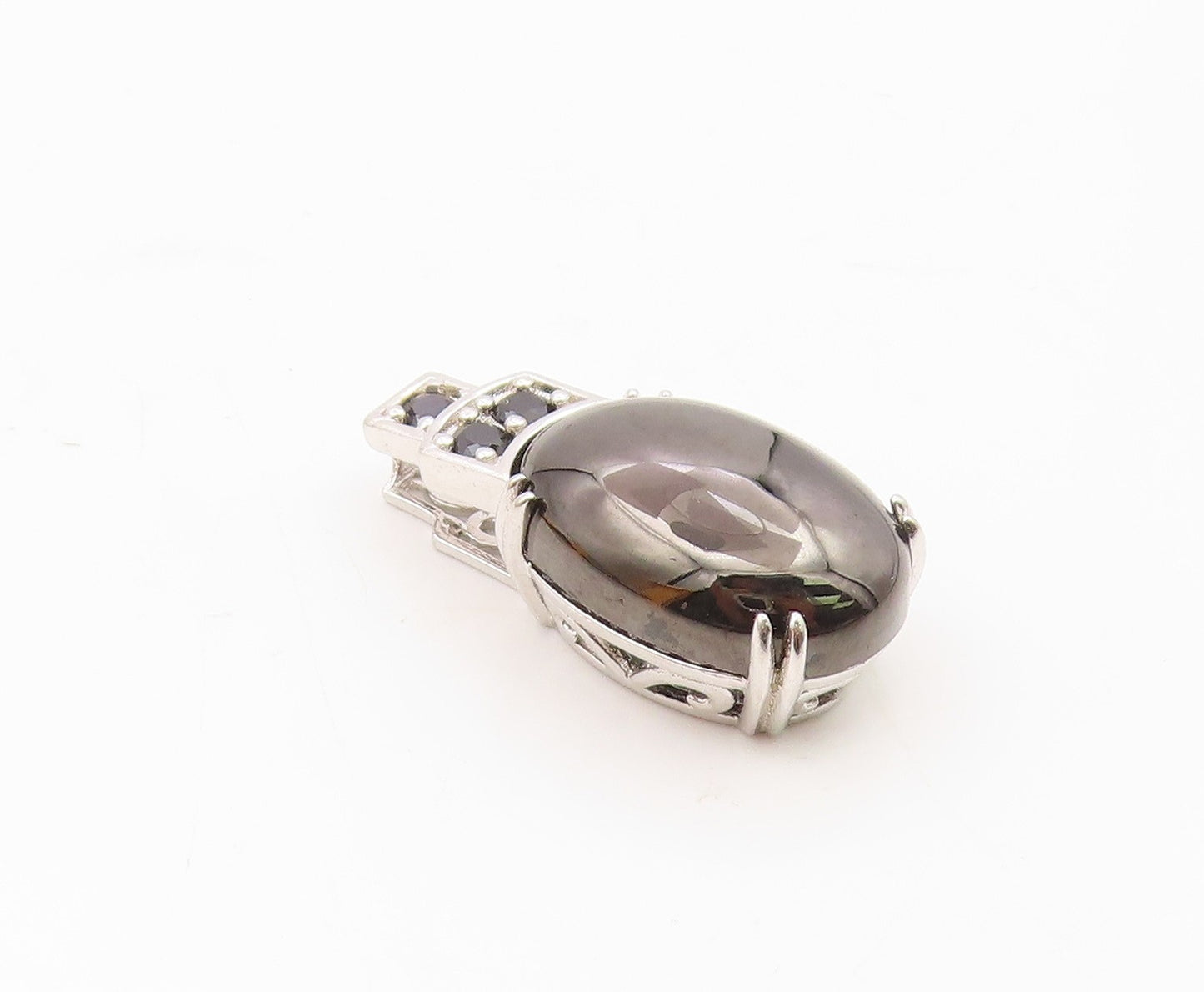 925 Sterling Silver  Vintage Cabochon Hematite Pretzel Swirl Pendant  PT15841