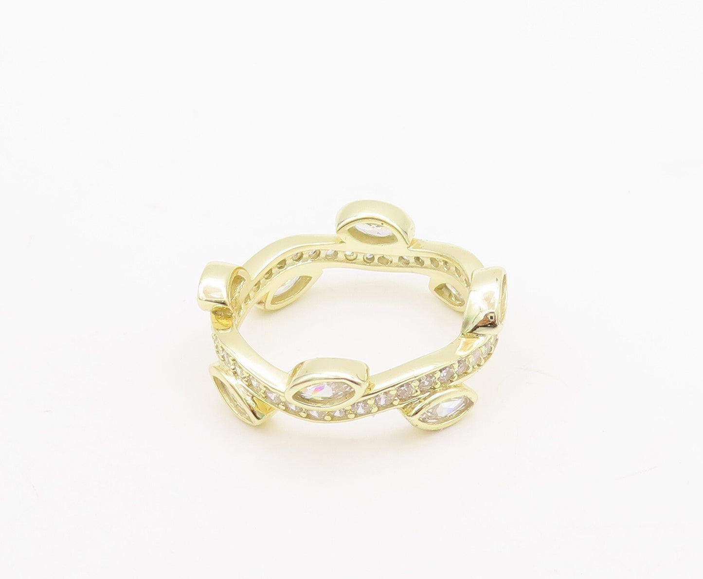 925 Sterling Silver Vintage Ring Gold Plated Leaf Cut CZ Inlay  Sz 7  RG29507