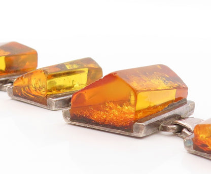 925 Sterling Silver Vintage Bracelet POLAND Designer Honey Amber Band  BT11053