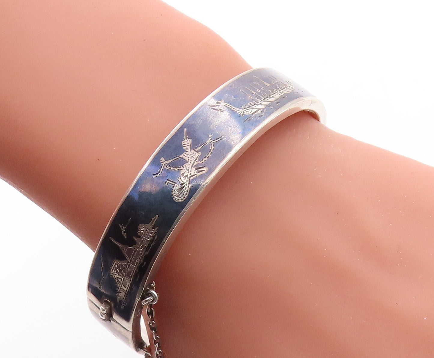 SIAM 925 Silver  Vintage Black Enamel Niello Dancer Bangle Bracelet  BT1536