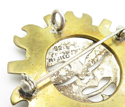 MEXICO 925 Sterling Silver  Vintage 2 Tone Shining Sun Face Brooch Pin  BP2496