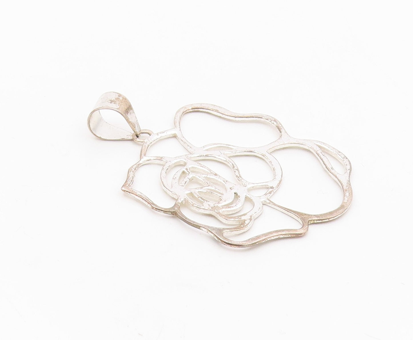 925 Sterling Silver  Vintage Shiny Open Flower Motif Drop Pendant  PT6386