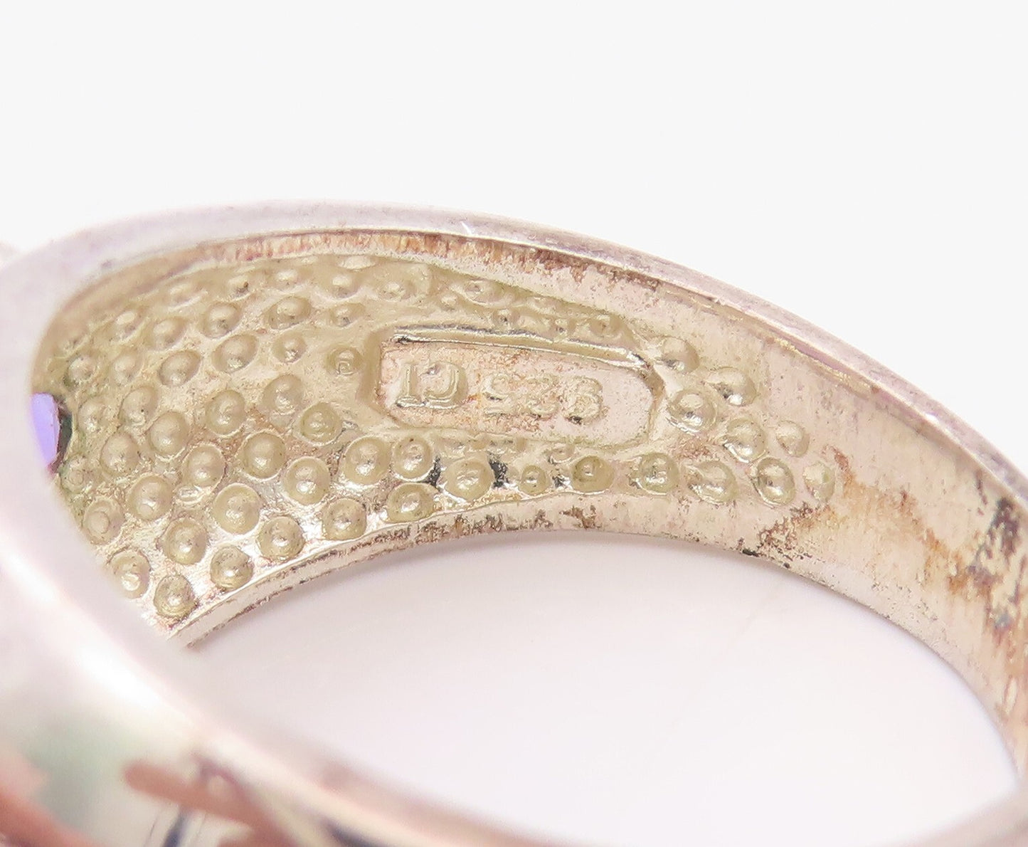 925 Sterling Silver Vintage Ring Solid Oval Amethyst Floral Inlay SZ 8 RG32092