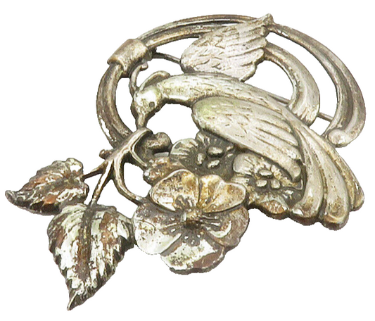 925 Sterling Silver  Vintage Dark Tone Bird Floral Vine Brooch Pin  BP5723