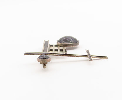 925 Sterling Silver Vintage Brooch Pin Classic Onyx Geometric Sculpture  BP12598