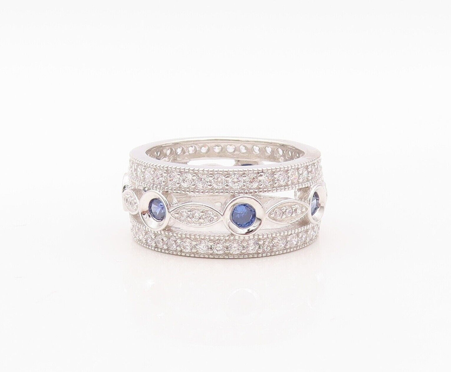 925 Sterling Silver Vintage Ring Cutout Band Sapphire & CZ Inlay  Sz 7  RG29984