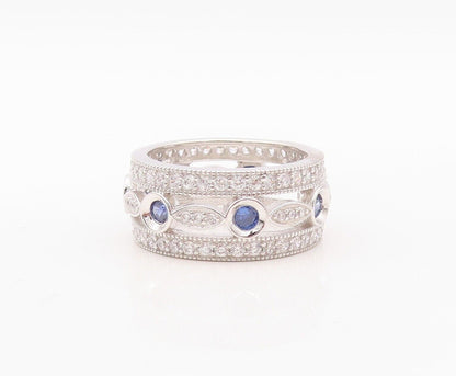 925 Sterling Silver Vintage Ring Cutout Band Sapphire & CZ Inlay  Sz 7  RG29984