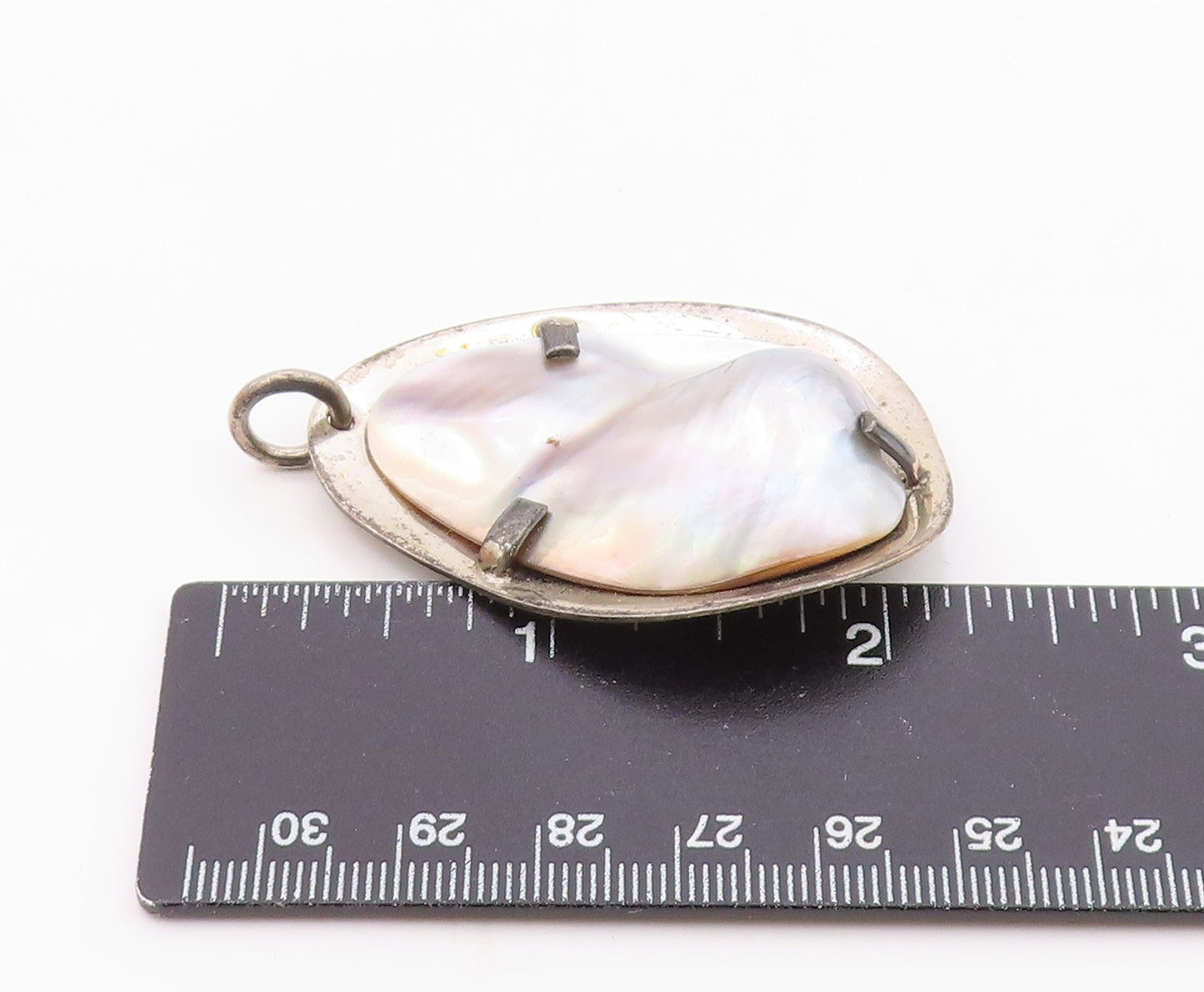 EUROPEAN 925 Silver  Vintage Shiny Mother Of Pearl Modernist Pendant  PT16705