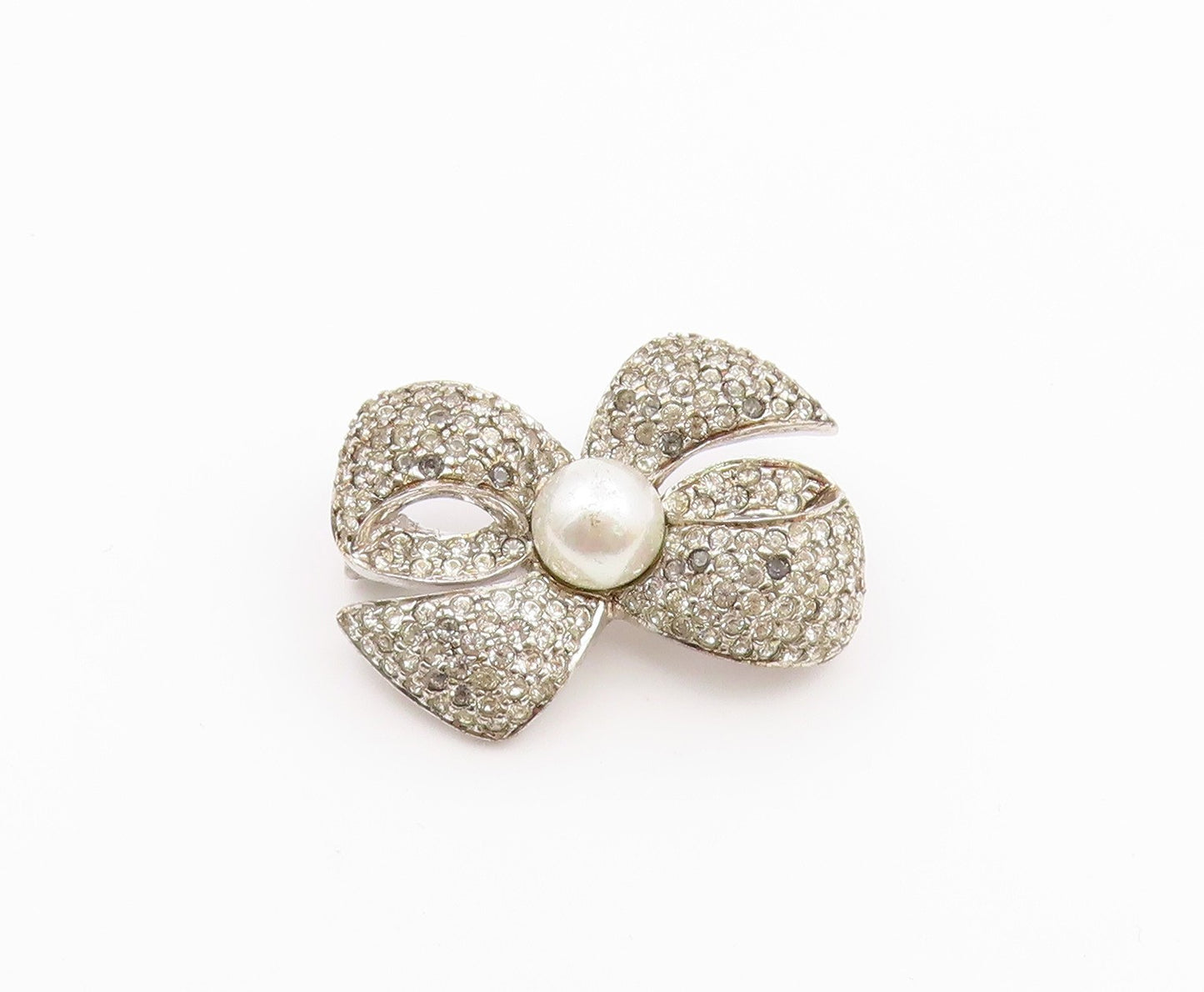 925 Sterling Silver  Vintage Pearl & Topaz Bow Tied Ribbon Brooch Pin  BP8545