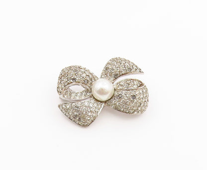 925 Sterling Silver  Vintage Pearl & Topaz Bow Tied Ribbon Brooch Pin  BP8545