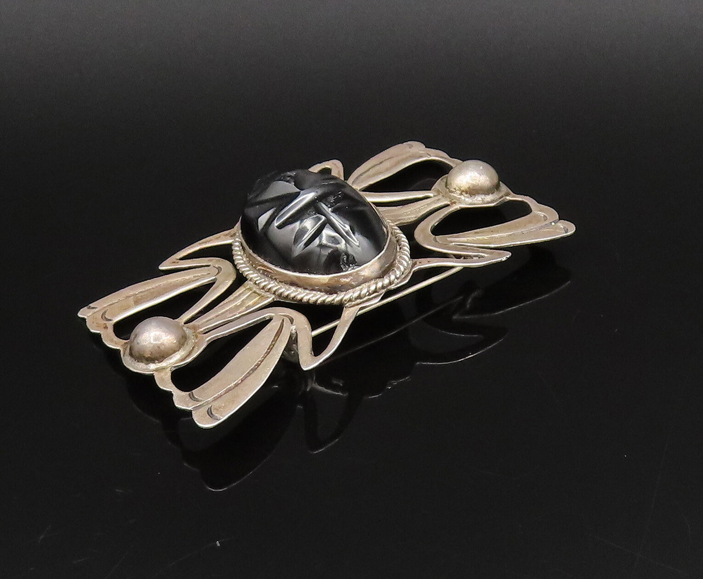 MEXICO 925 Silver  Vintage Carved Face Black Onyx Open Wings Brooch Pin BP9991