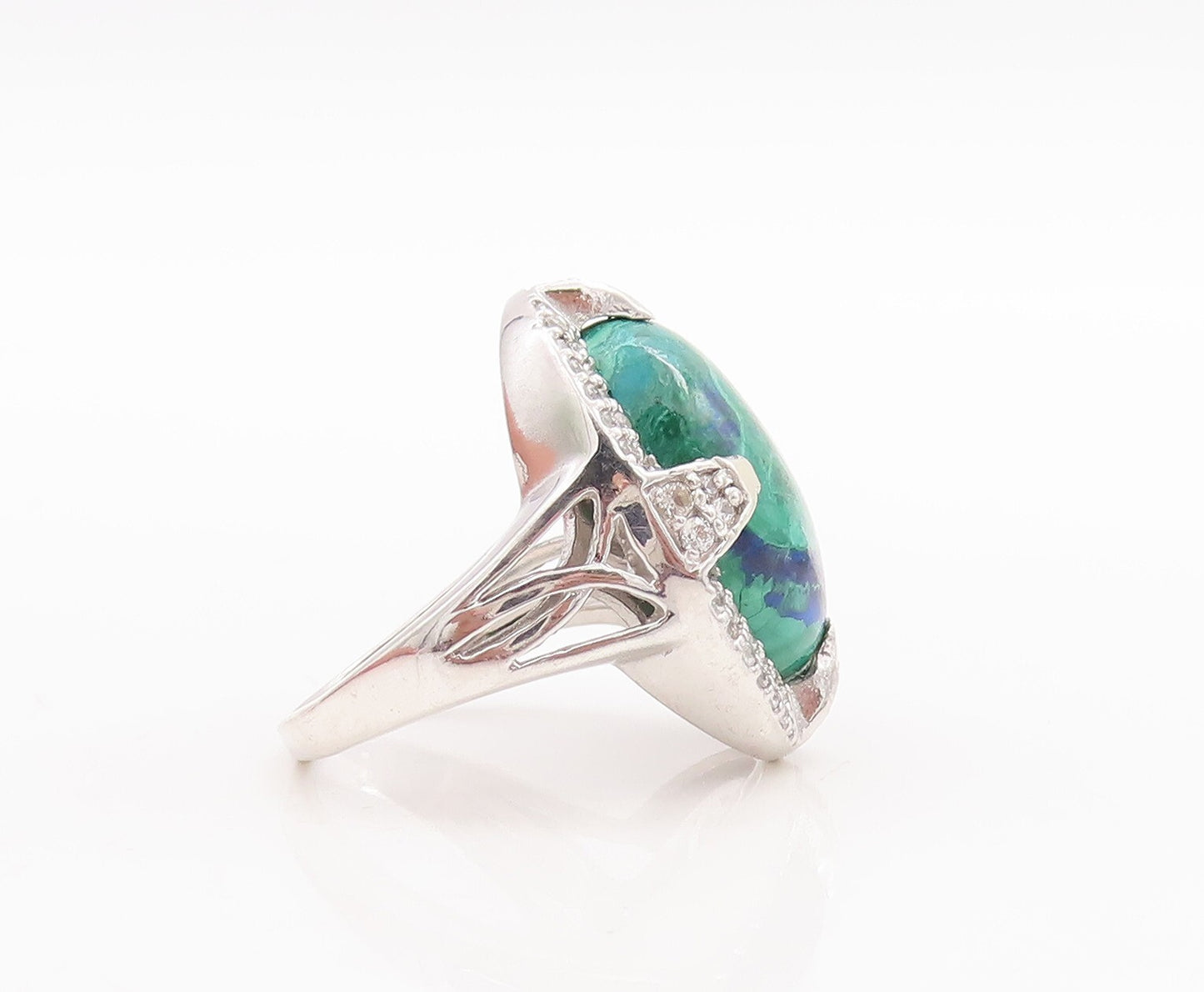 925 Sterling Silver Vintage Ring Oval Azurite Halo CZ Frame  Sz 7 RG29352