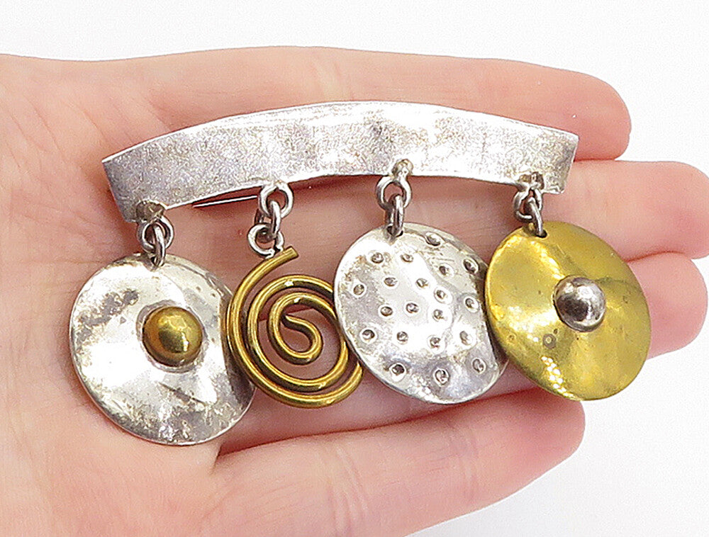 LATON MEXICO 925 Silver  Vintage Two Tone Dangling Charms Brooch Pin  BP2414