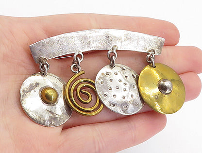 LATON MEXICO 925 Silver  Vintage Two Tone Dangling Charms Brooch Pin  BP2414