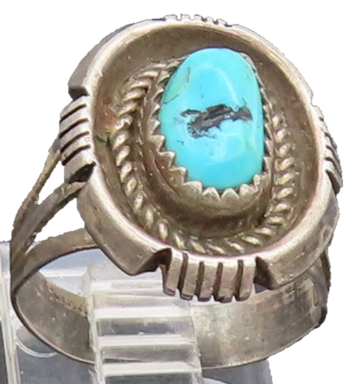 NAVAJO 925 Silver Vintage Turquoise Halo Carved Twisted Rope Ring Sz 7 RG26849