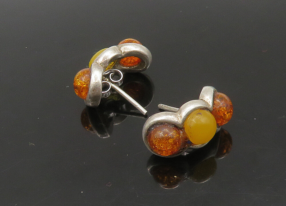 925 Sterling Silver  Vintage Cabochon Cut Amber Curve Drop Earrings  EG11194