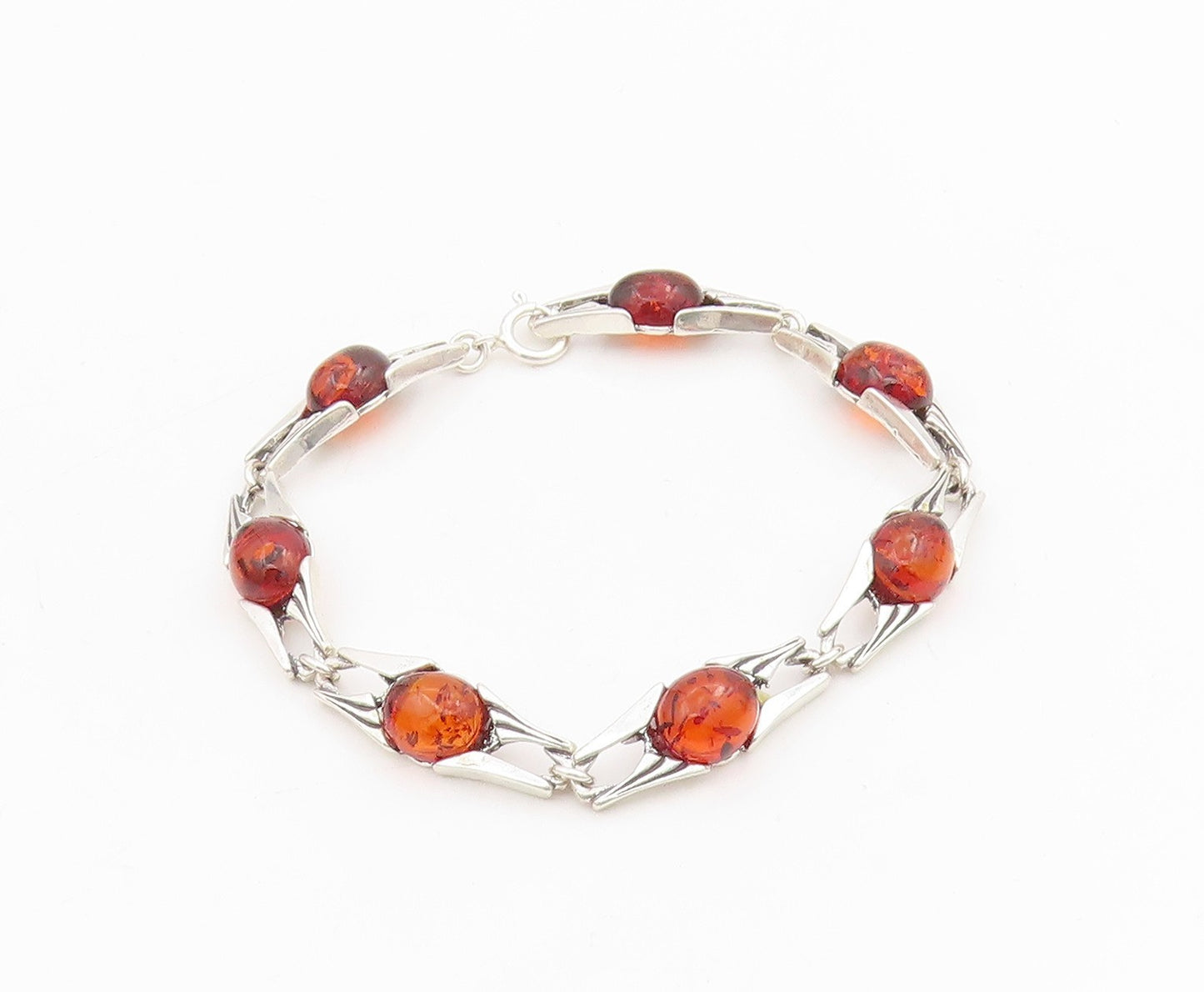 925 Sterling Silver Vintage Bracelet Cabochon Honey Amber Link Chain  BT11536