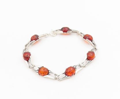 925 Sterling Silver Vintage Bracelet Cabochon Honey Amber Link Chain  BT11536