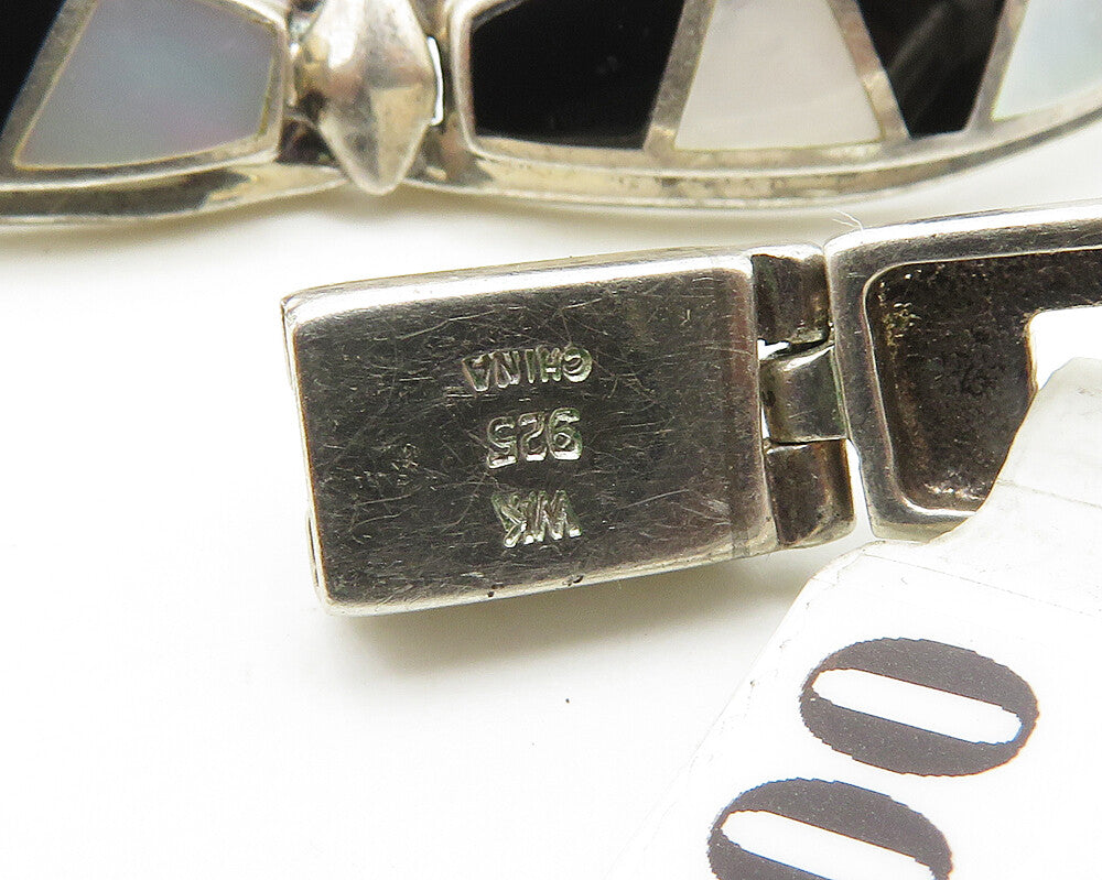 WHITNEY KELLY 925 Silver   Vintage Mother Of Pearl & Onyx Necklace  NE3289