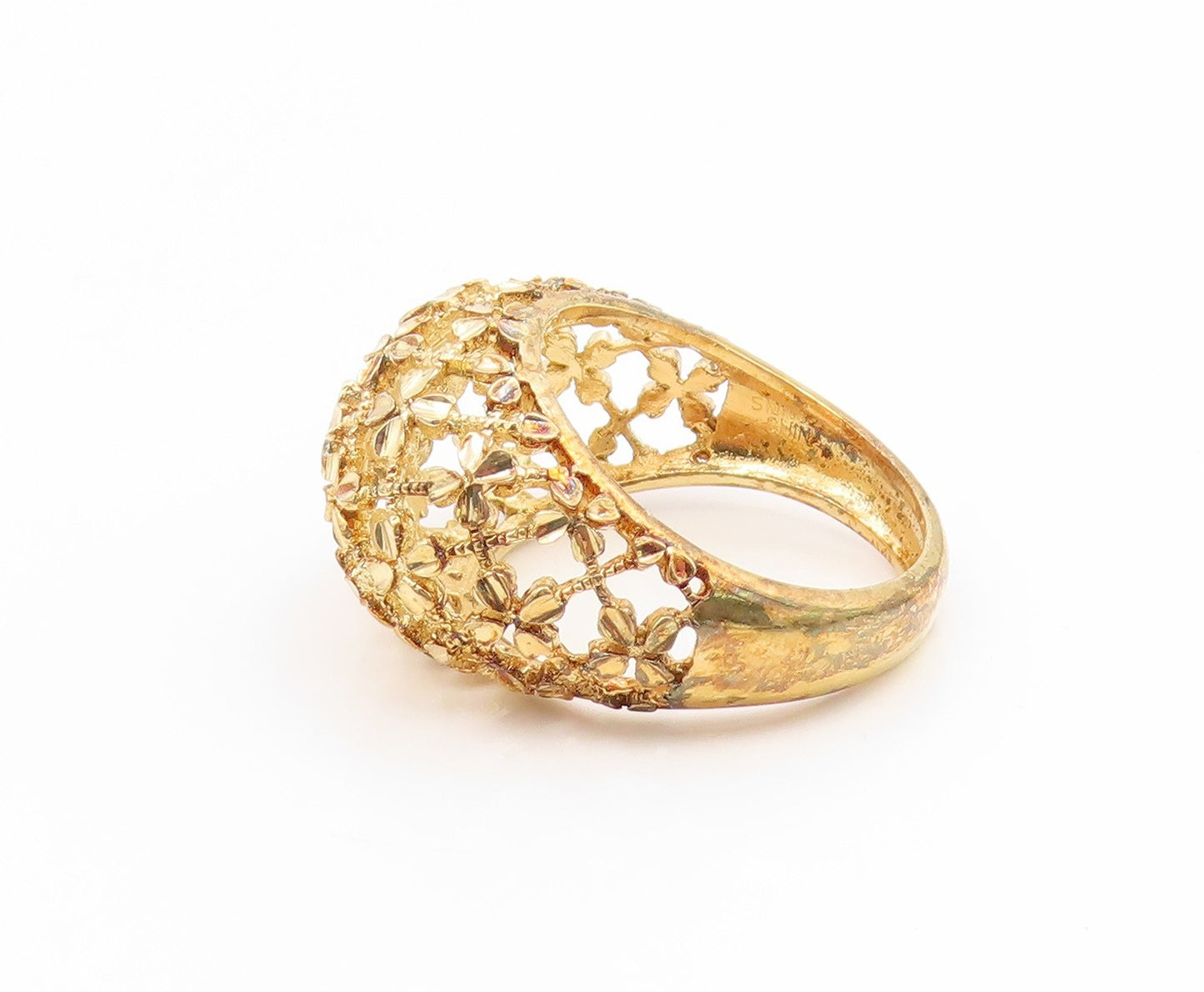 925 Sterling Silver Vintage Ring Gold Plated Openwork Floral Dome  Sz 8  RG35208