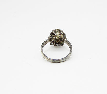 925 Sterling Silver  Vintage Dark Tone Carved Floral Band Ring Sz 7.5  RG3383