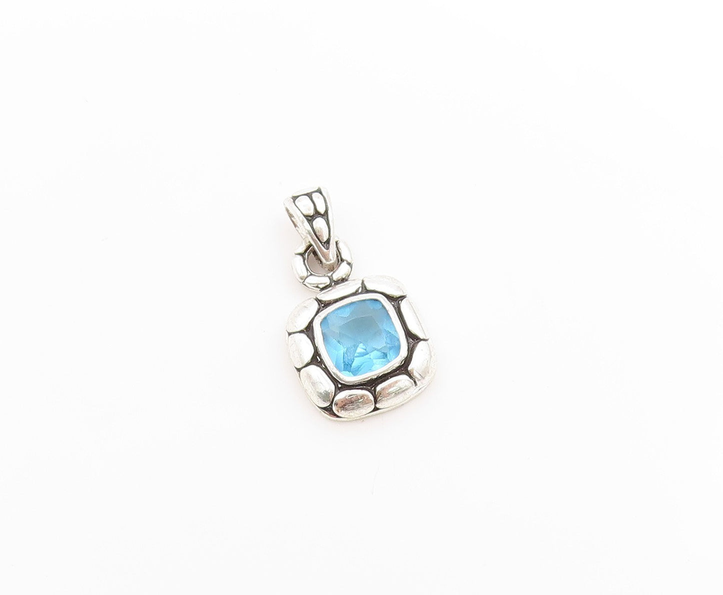 925 Sterling Silver Vintage Pendant Blue Topaz Pebbled Geometric Charm  PT25042