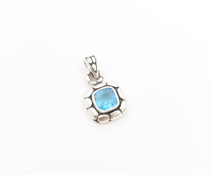 925 Sterling Silver Vintage Pendant Blue Topaz Pebbled Geometric Charm  PT25042