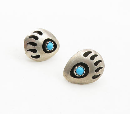 NAVAJO 925 Sterling Silver  Vintage Turquoise Bear Paw Print Earrings  EG8147