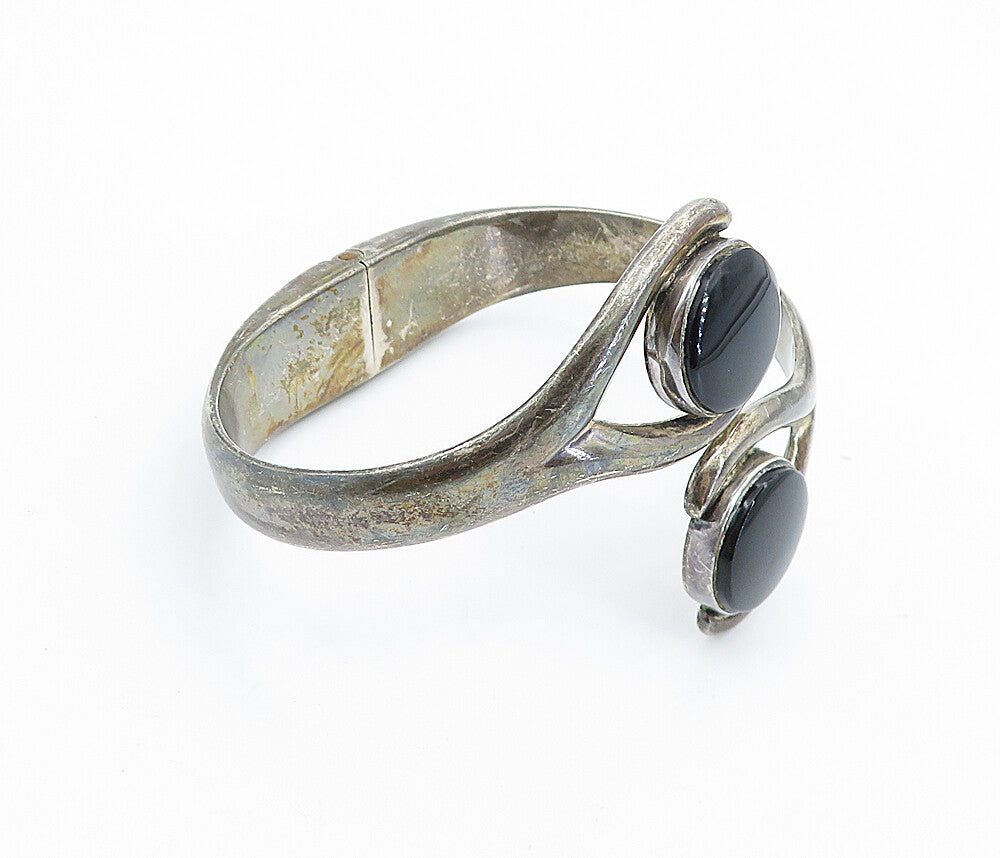 MEXICO 925 Sterling Silver  Vintage Black Onyx Bypass Bangle Bracelet  BT2822
